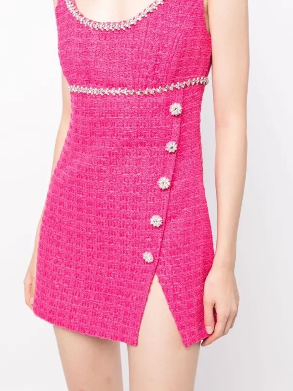 Self-Portrait Hot Pink Tweed Tank Mini Dress with Embellished Buttons Size 6